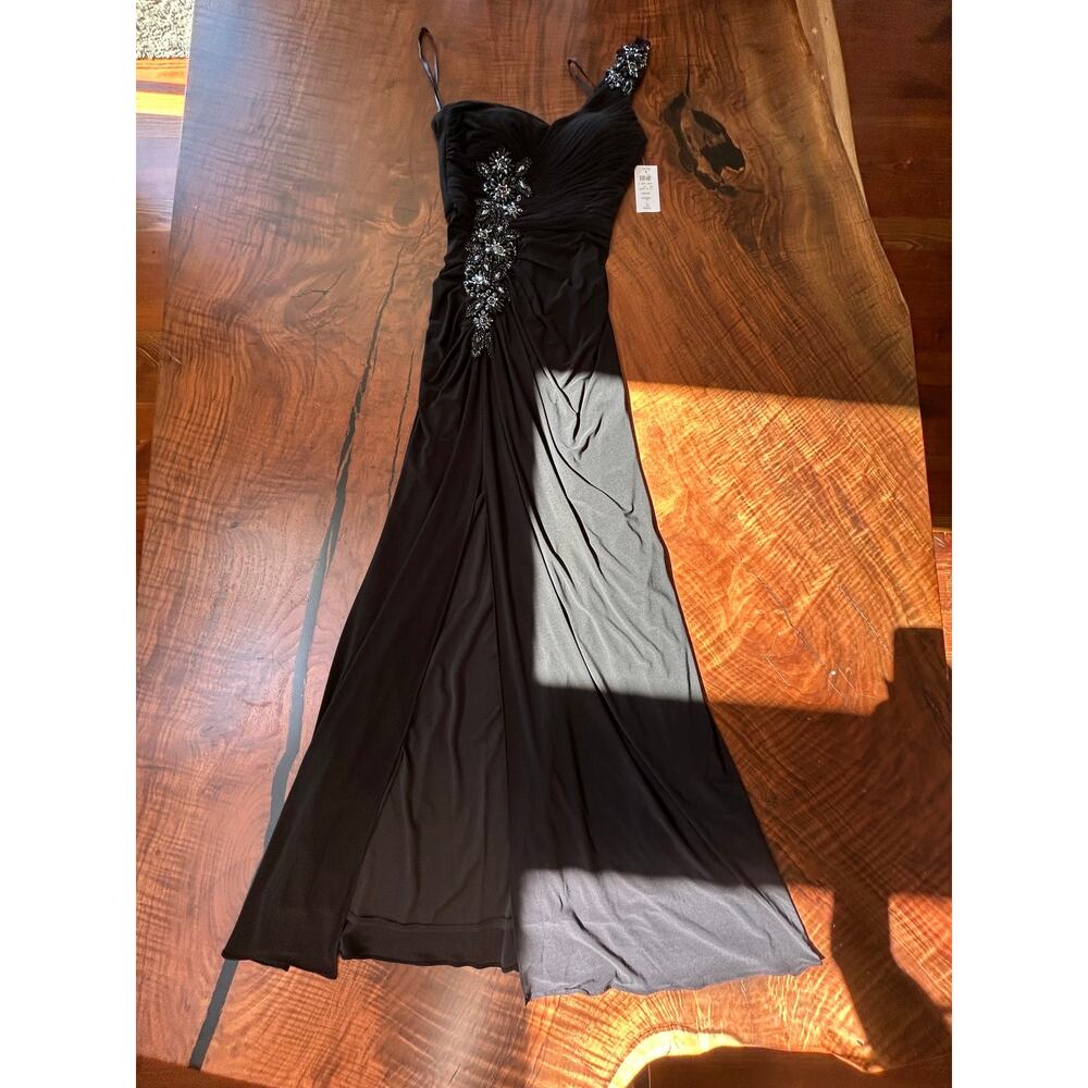 NWT 2010 VTG Cache Black Embellished One Shoulder Maxi Dress Gown Slit Size 2 - Picture 2 of 8